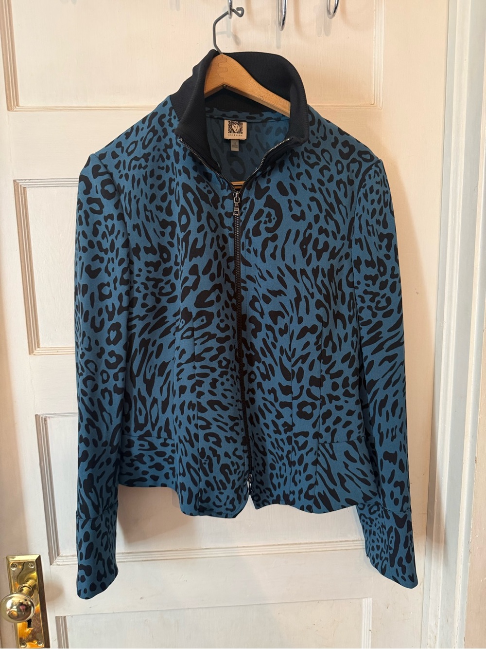 Anne Klein Teal/Black Animal Print Full Zip Peplum Jacket